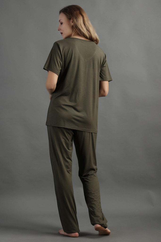 Model wearing Viscose Night Suit Set with Pattern type: Solid-6
