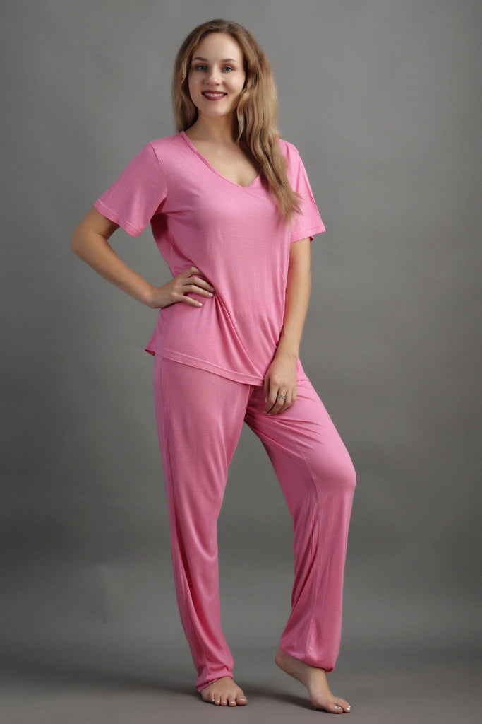 Model wearing Viscose Night Suit Set with Pattern type: Solid-1