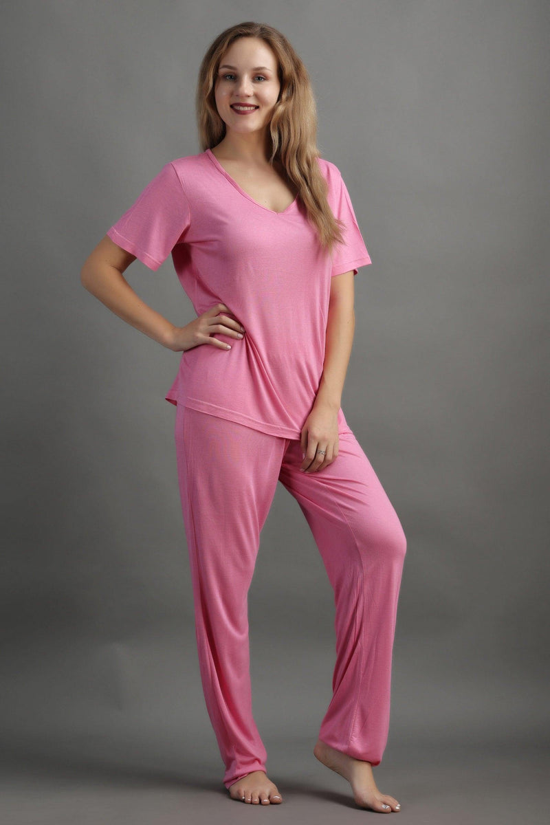 Comfortable V-Neck Pyjama Set with Slip-On Bottoms - Solid Print ...