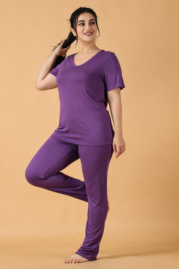 Model wearing Viscose Night Suit Set with Pattern type: Solid-3