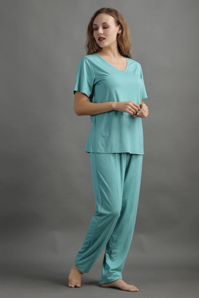 Model wearing Viscose Night Suit Set with Pattern type: Solid-1