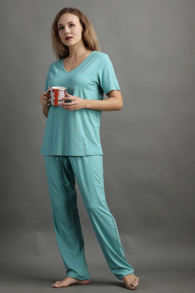 Model wearing Viscose Night Suit Set with Pattern type: Solid-2