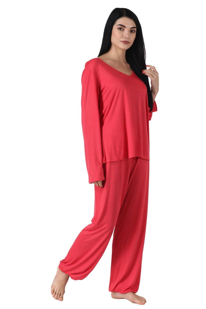 Model wearing Viscose Elastane Night Suit Set with Pattern type: Solid-1