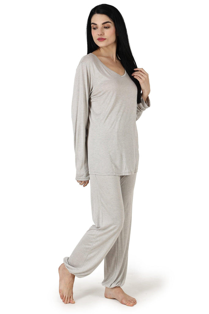 Model wearing Viscose Elastane Night Suit Set with Pattern type: Solid-1