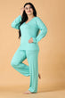 Solid Pyjama Night Suit Set with Long Sleeves-Sea Green