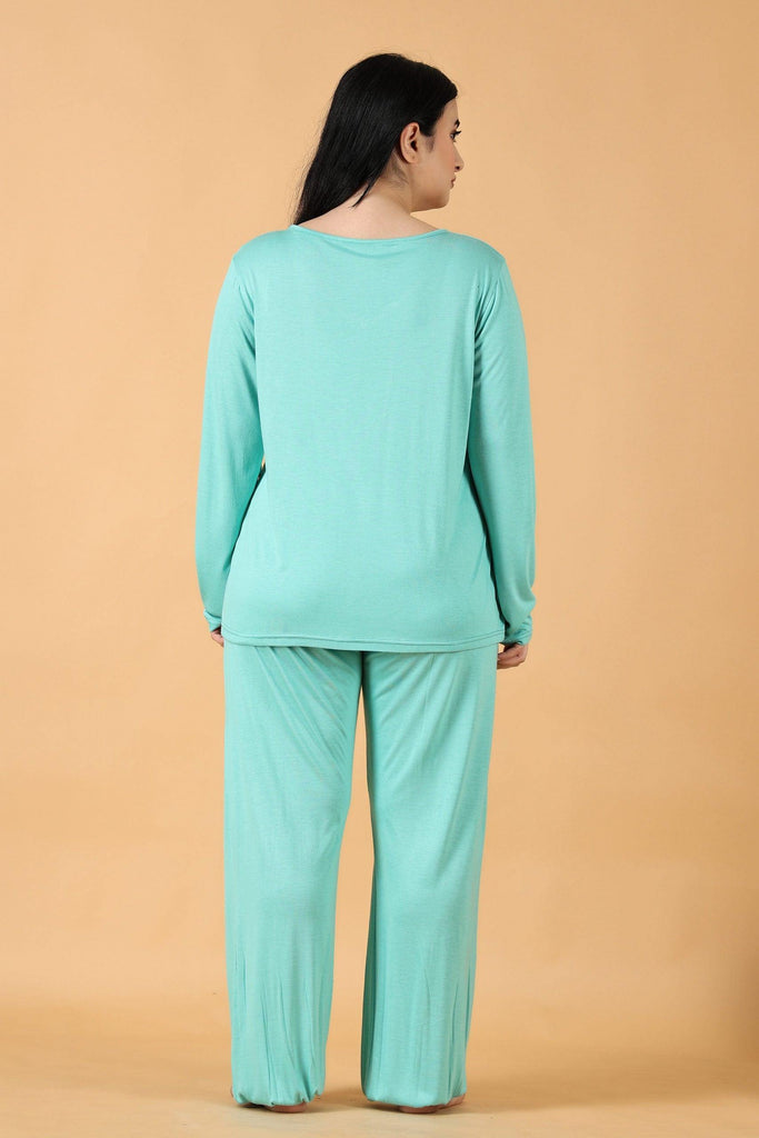 Model wearing Viscose Elastane Night Suit Set with Pattern type: Solid-2