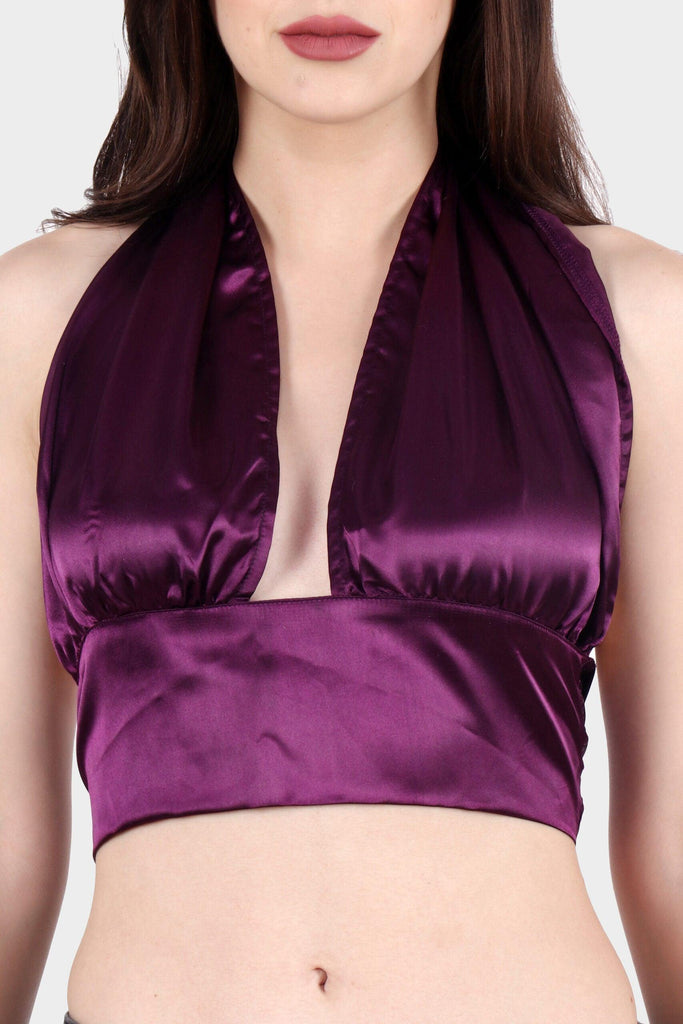 Model wearing Satin Crop Top with Pattern type: Solid-13