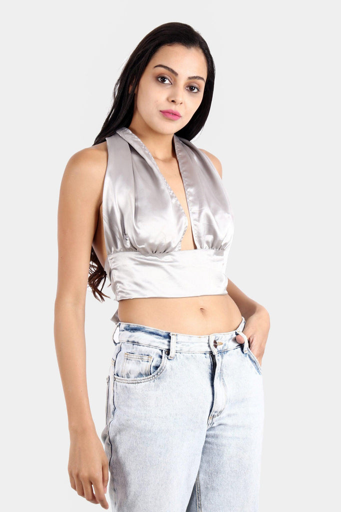 Model wearing Satin Crop Top with Pattern type: Solid-19