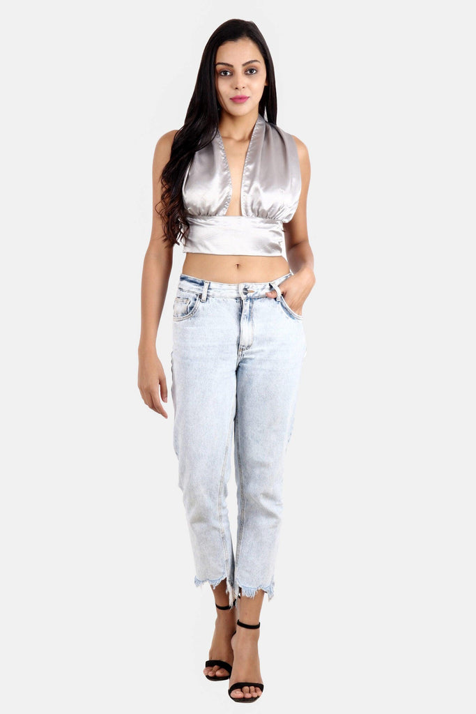 Model wearing Satin Crop Top with Pattern type: Solid-22