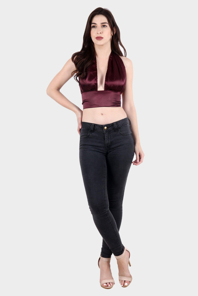 Model wearing Satin Crop Top with Pattern type: Solid-9