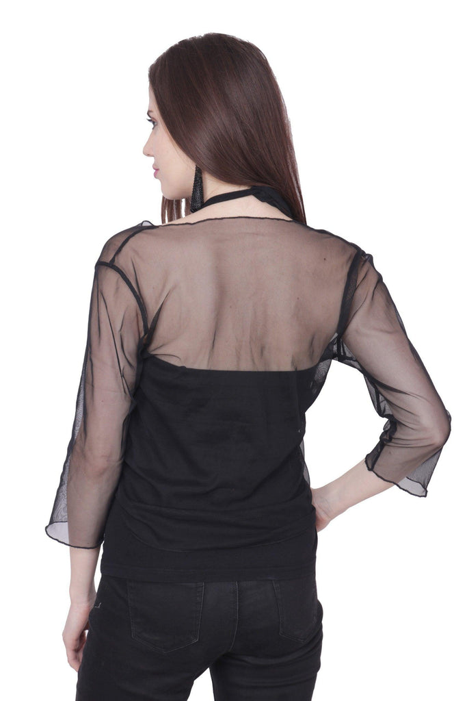 Model wearing Sheer Shrug with Pattern type: Solid-5