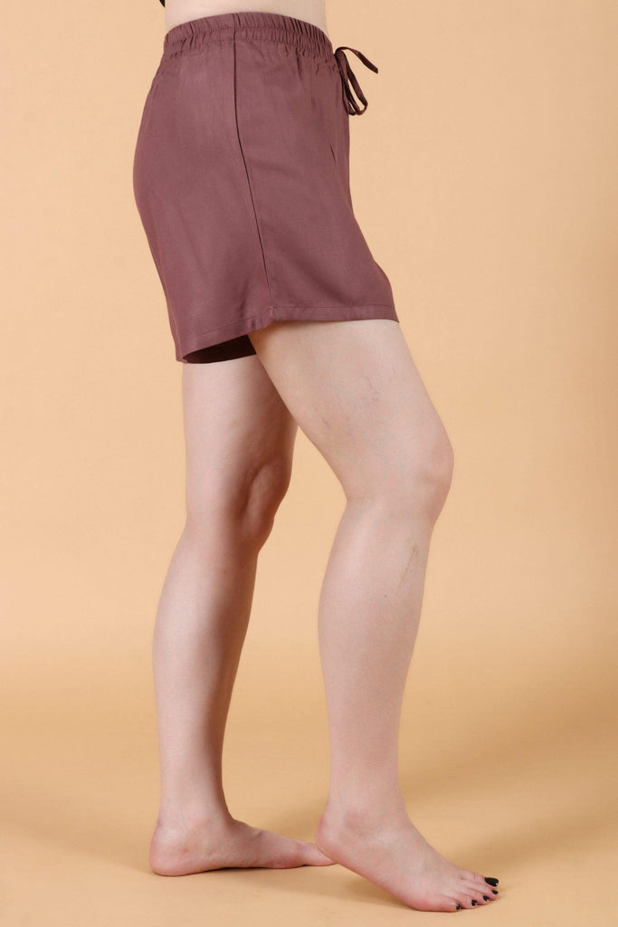 Model wearing Rayon Shorts with Pattern type: Solid-10