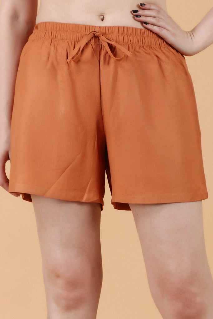 Model wearing Rayon Shorts with Pattern type: Solid-11