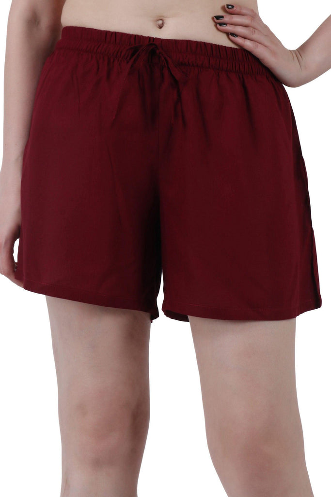 Model wearing Rayon Shorts with Pattern type: Solid-3