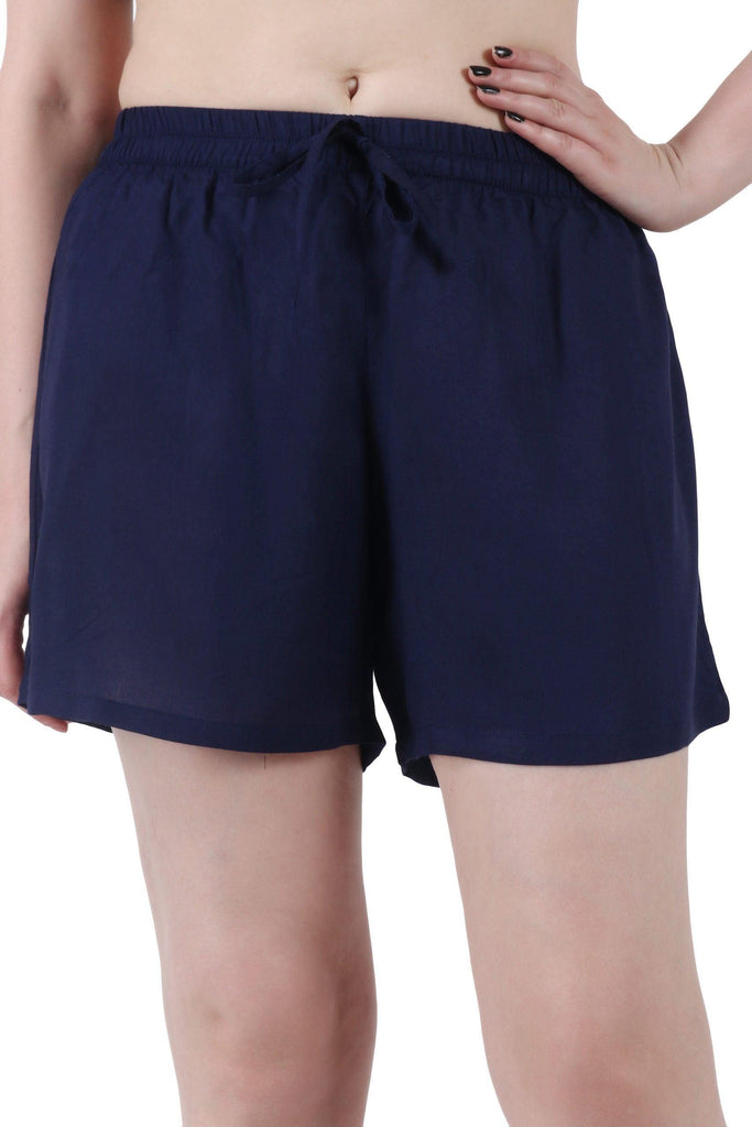 Model wearing Rayon Shorts with Pattern type: Solid-5
