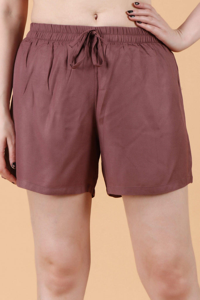 Model wearing Rayon Shorts with Pattern type: Solid-9