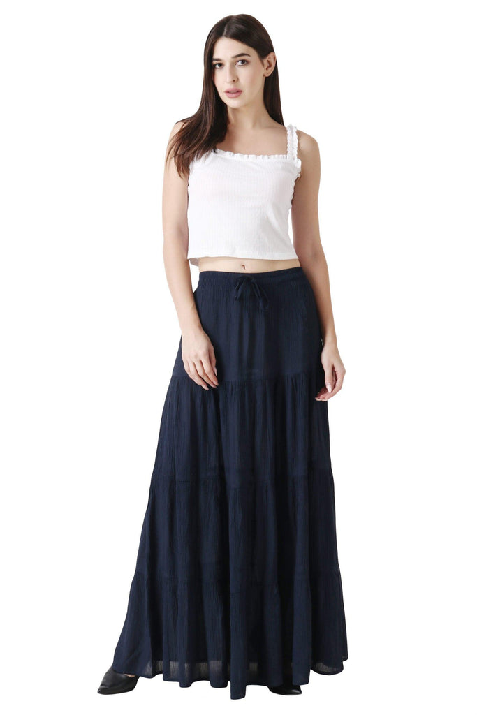Model wearing Viscose Crepe Maxi Skirt with Pattern type: Solid-10