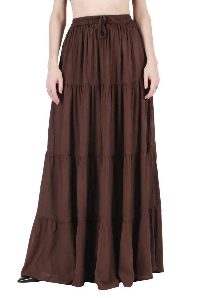 Model wearing Viscose Crepe Maxi Skirt with Pattern type: Solid-11