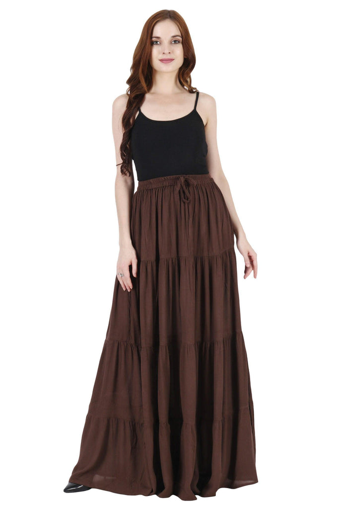 Model wearing Viscose Crepe Maxi Skirt with Pattern type: Solid-12
