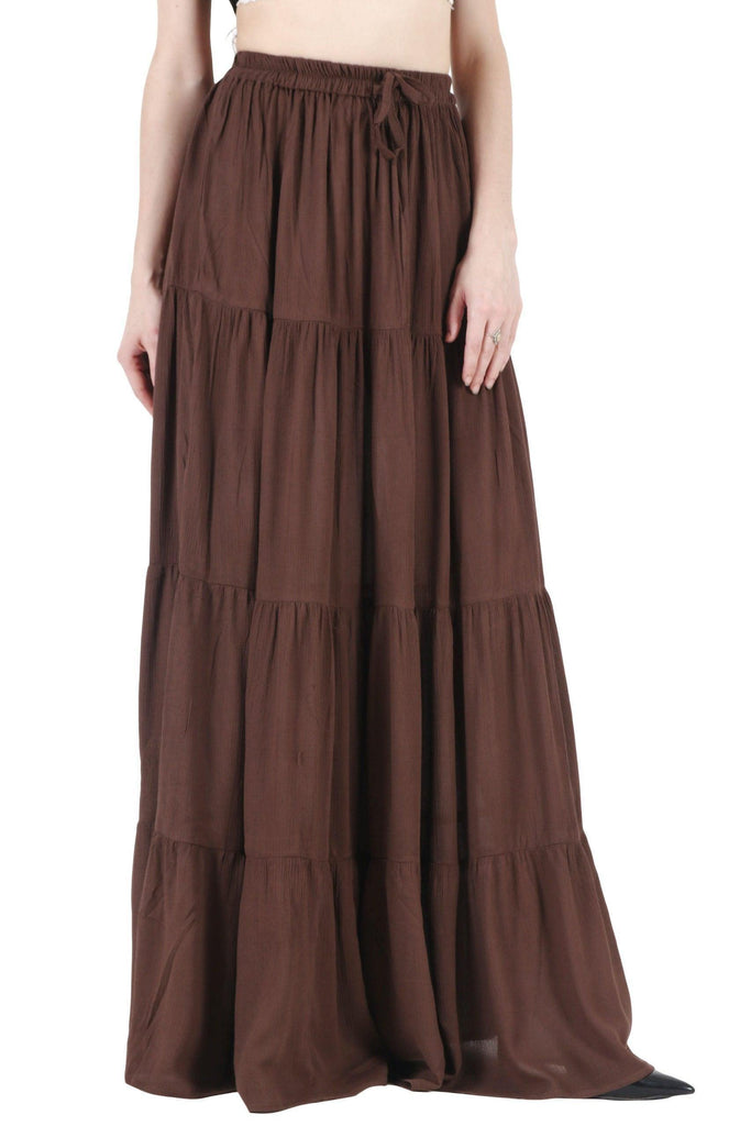Model wearing Viscose Crepe Maxi Skirt with Pattern type: Solid-15