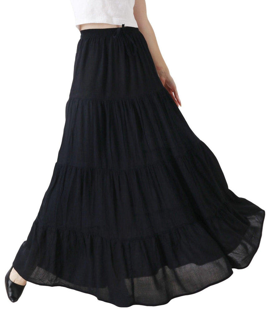 Model wearing Viscose Crepe Maxi Skirt with Pattern type: Solid-1