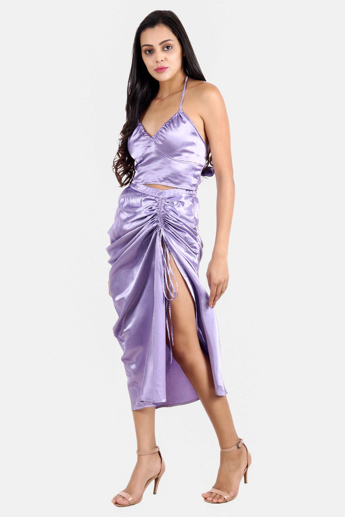 Model wearing Satin Co-ord Set with Pattern type: Solid-2