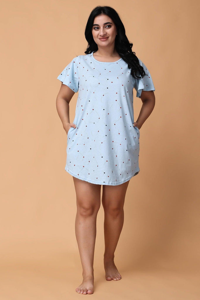 Model wearing Cotton Lycra Mini Night Dress with Pattern type: Stars-15