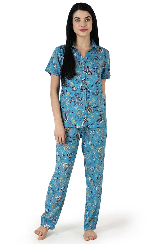 Model wearing Rayon Night Suit Set with Pattern type: Floral-3