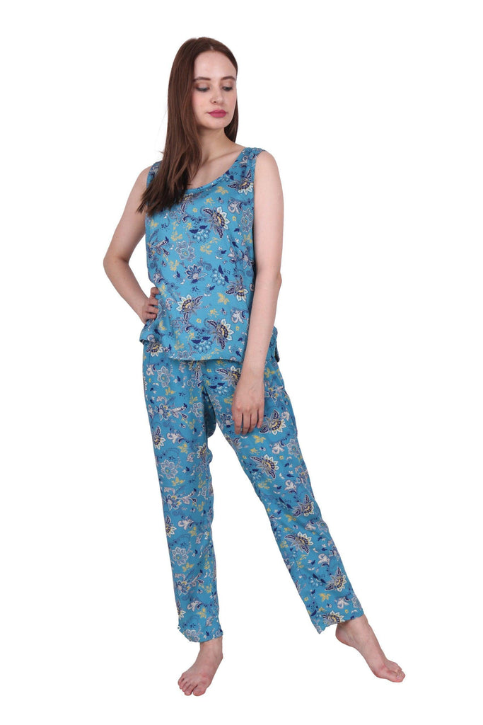 Model wearing Rayon Night Suit Set with Pattern type: Floral-1