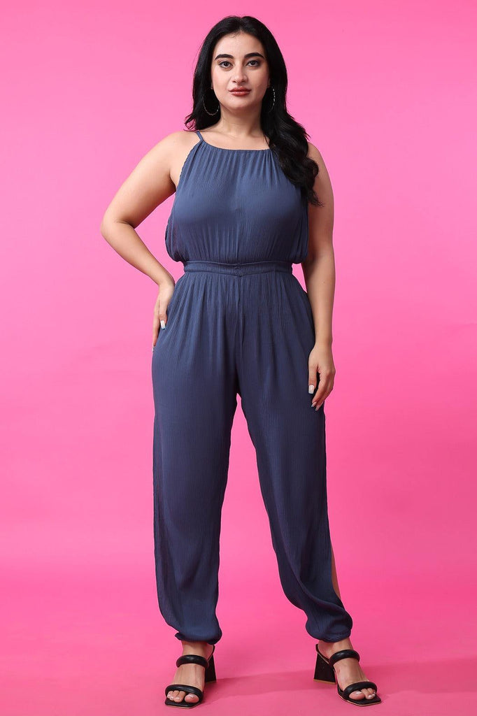 Model wearing Viscose Crepe Jumpsuit with Pattern type: Solid-2