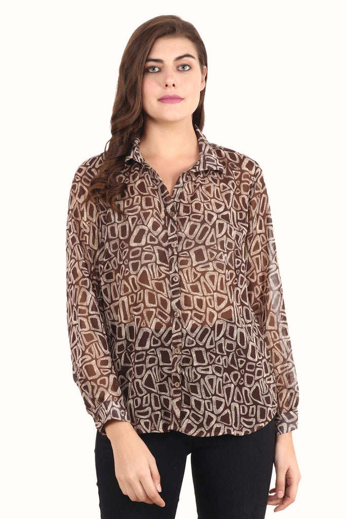 Model wearing Polyster Georgette Shirt with Pattern type: Abstract-4