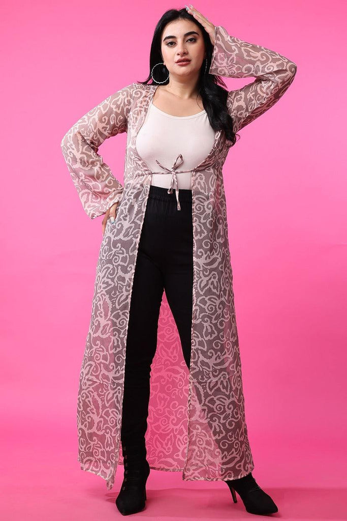 Model wearing Polyster Georgette Shrug with Pattern type: Floral-3