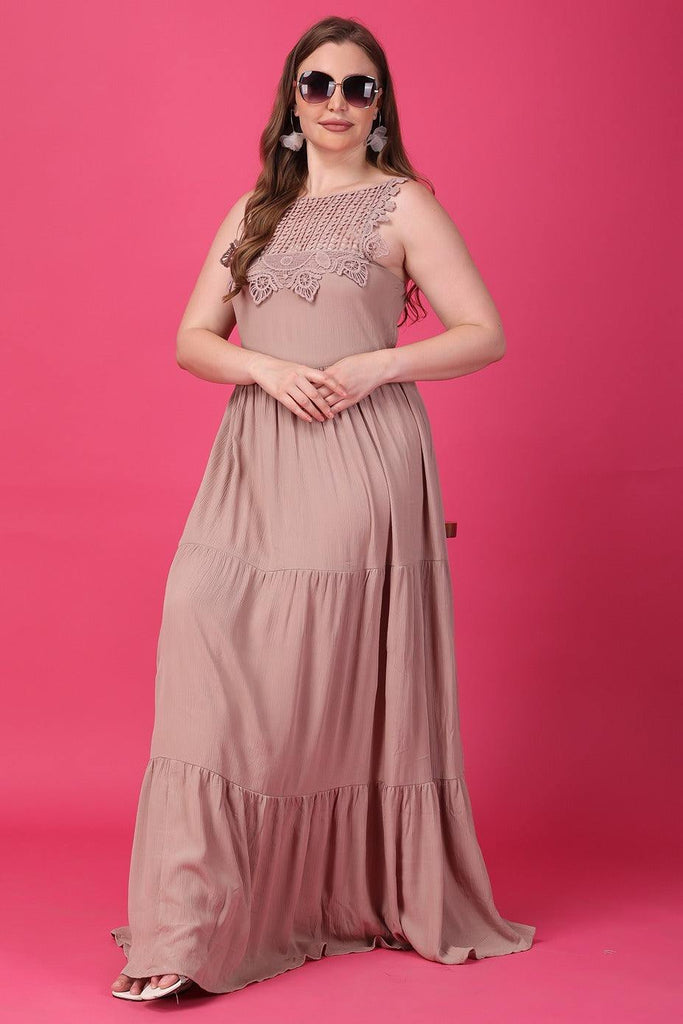 Model wearing Viscose Crepe Maxi Dress with Pattern type: Solid-7