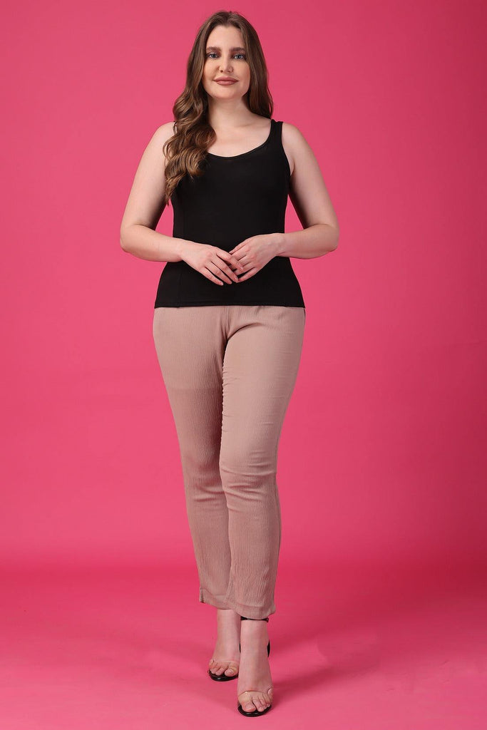 Model wearing Viscose Crepe Pant with Pattern type: Solid-2