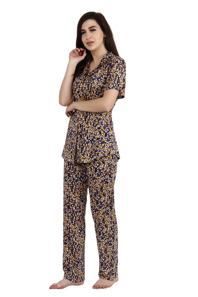 Model wearing Viscose Elastane Night Suit Set with Pattern type: Triangle-3