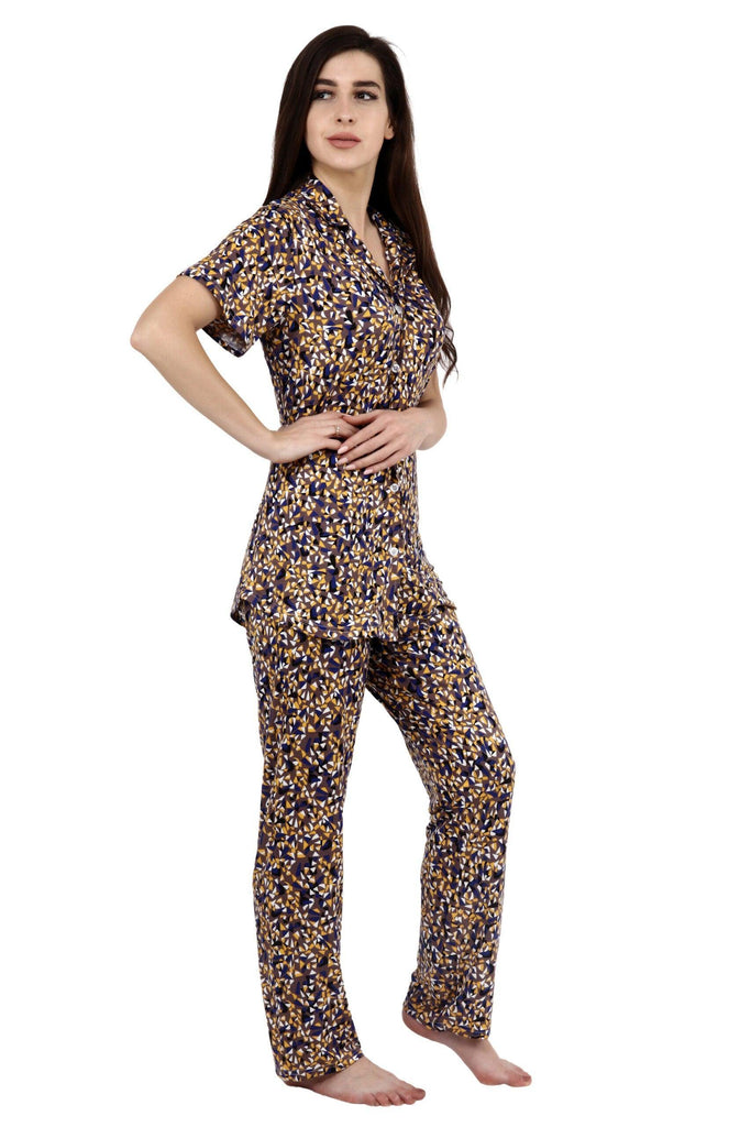 Model wearing Viscose Elastane Night Suit Set with Pattern type: Triangle-4