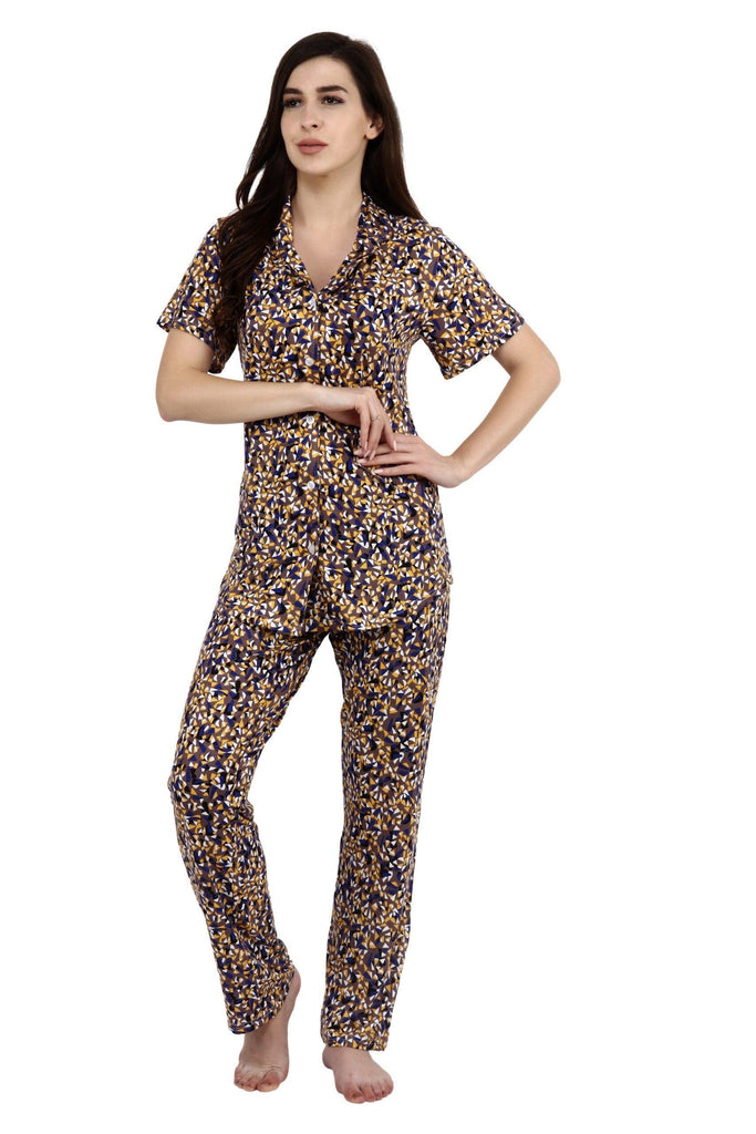 Model wearing Viscose Elastane Night Suit Set with Pattern type: Triangle-5