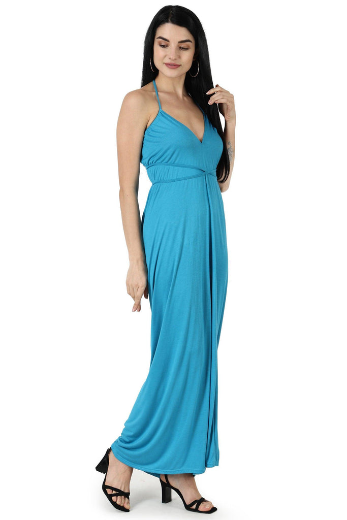 Model wearing Viscose Elastane Maxi Dress with Pattern type: Solid-1