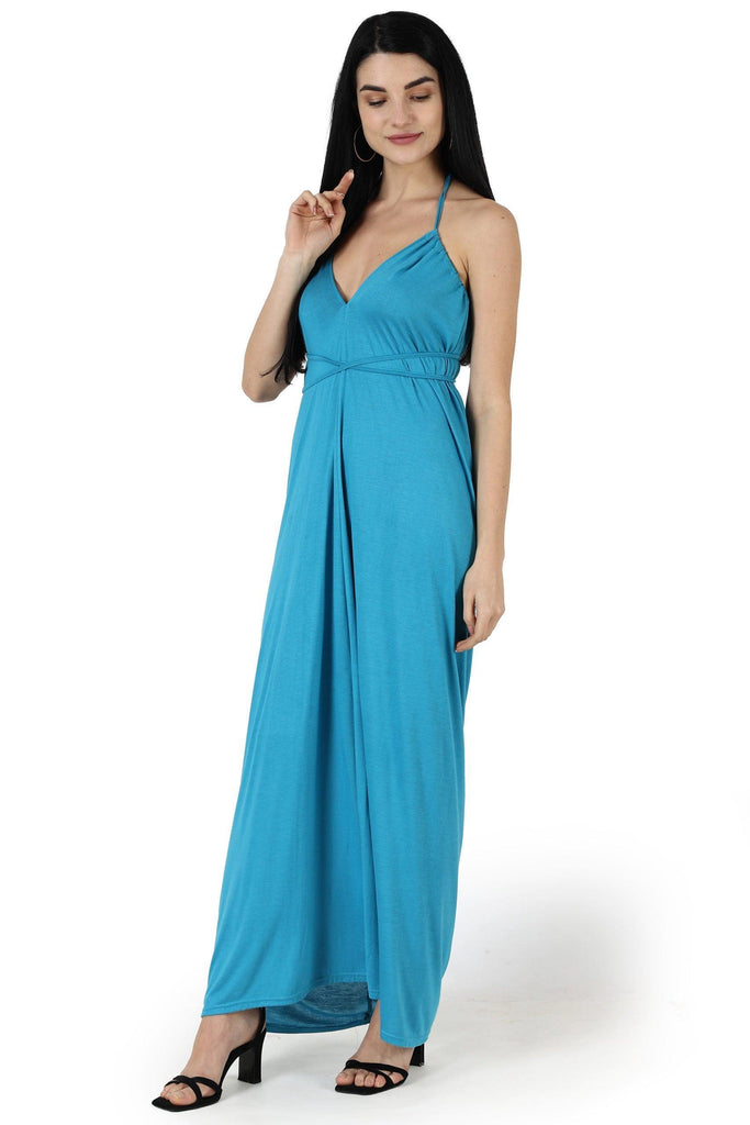 Model wearing Viscose Elastane Maxi Dress with Pattern type: Solid-5