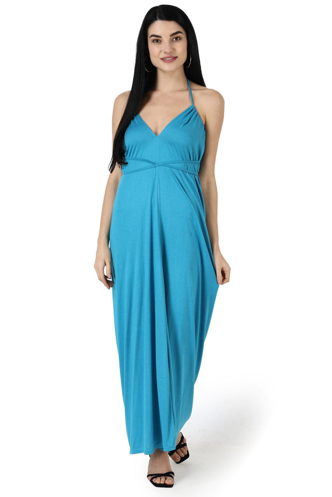 Model wearing Viscose Elastane Maxi Dress with Pattern type: Solid-6