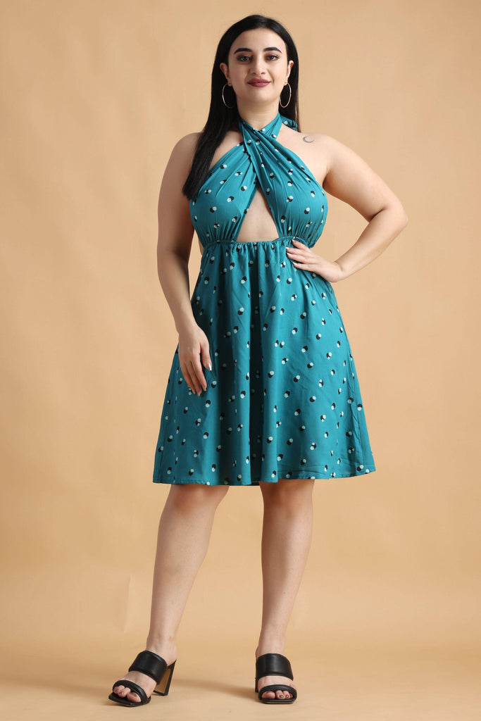 Model wearing Rayon Mini Dress with Pattern type: Dots-1
