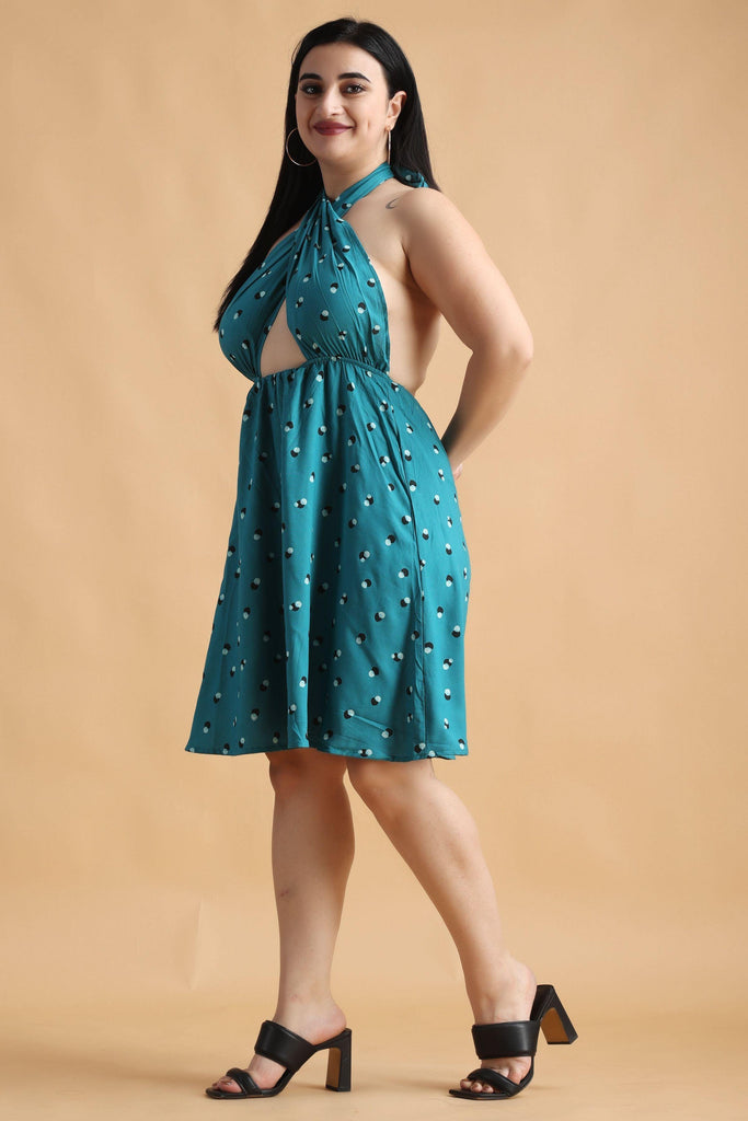 Model wearing Rayon Mini Dress with Pattern type: Dots-3