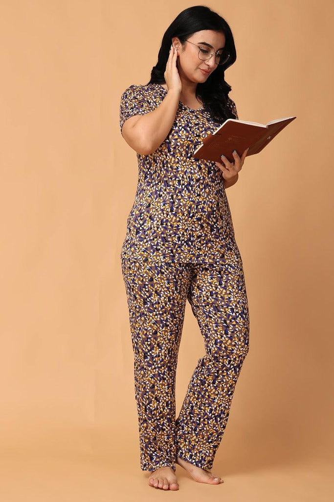 Model wearing Viscose Lycra Night Suit Set with Pattern type: Triangle-6
