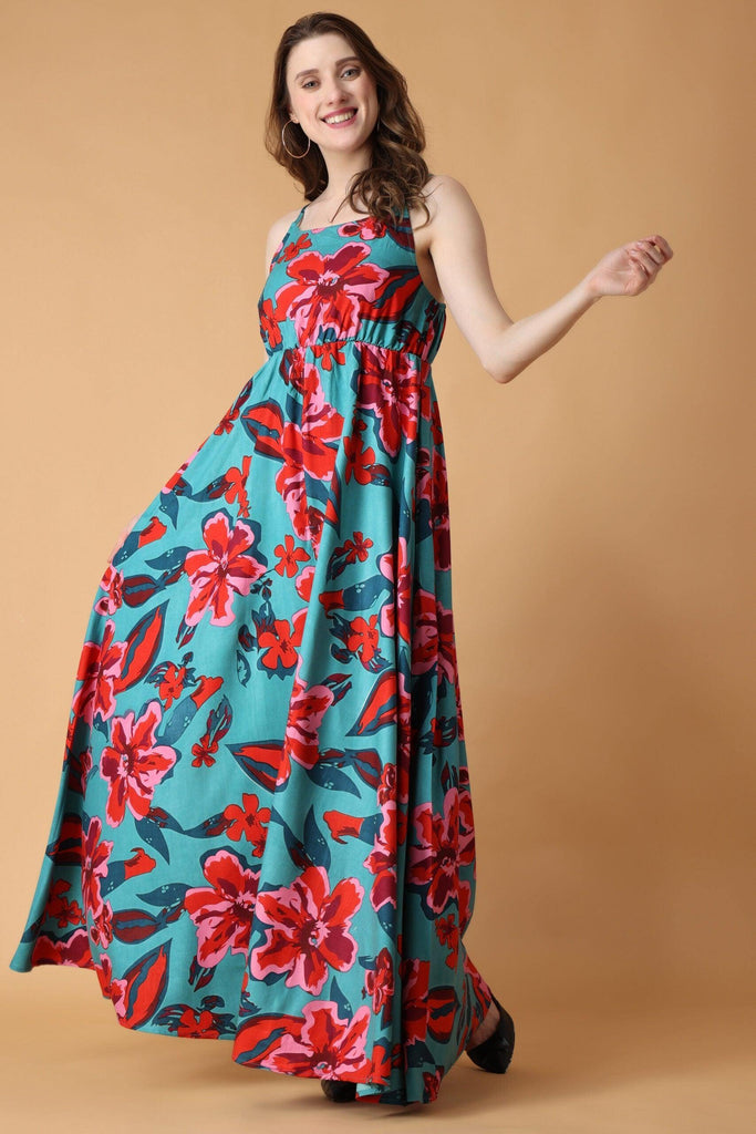 Model wearing Rayon Maxi Dress with Pattern type: Floral-3