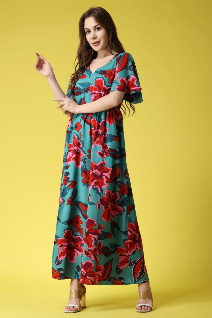 Model wearing Rayon Maxi Dress with Pattern type: Floral-4