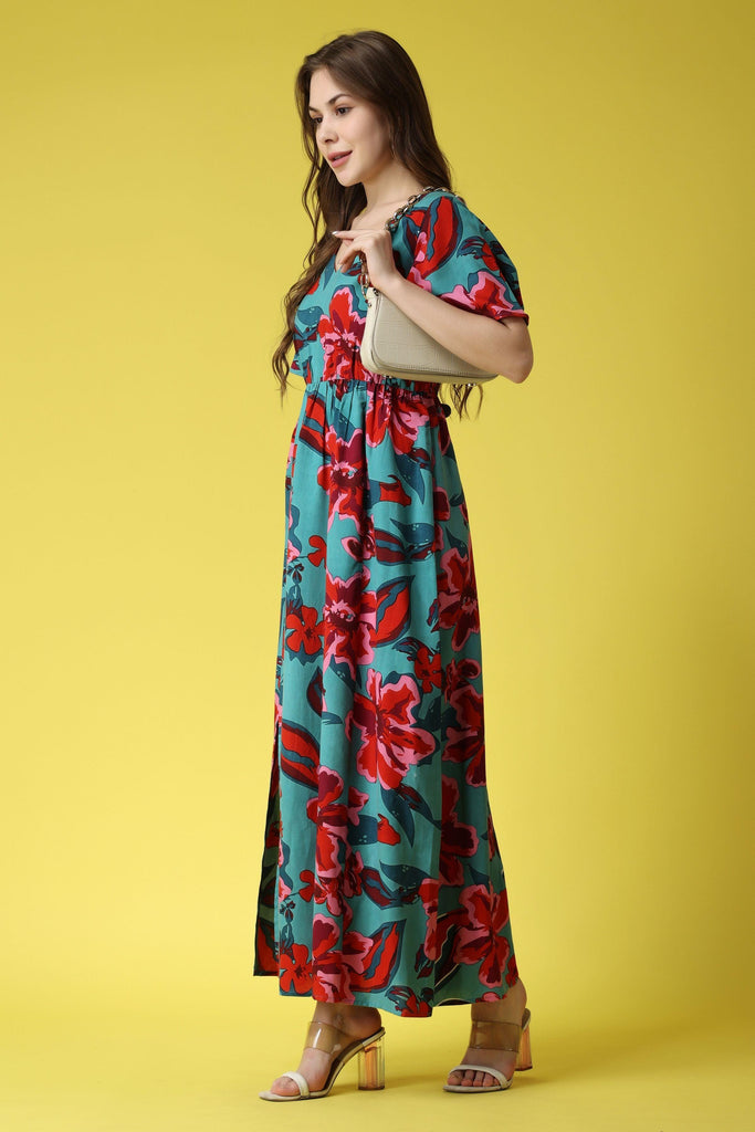 Model wearing Rayon Maxi Dress with Pattern type: Floral-8