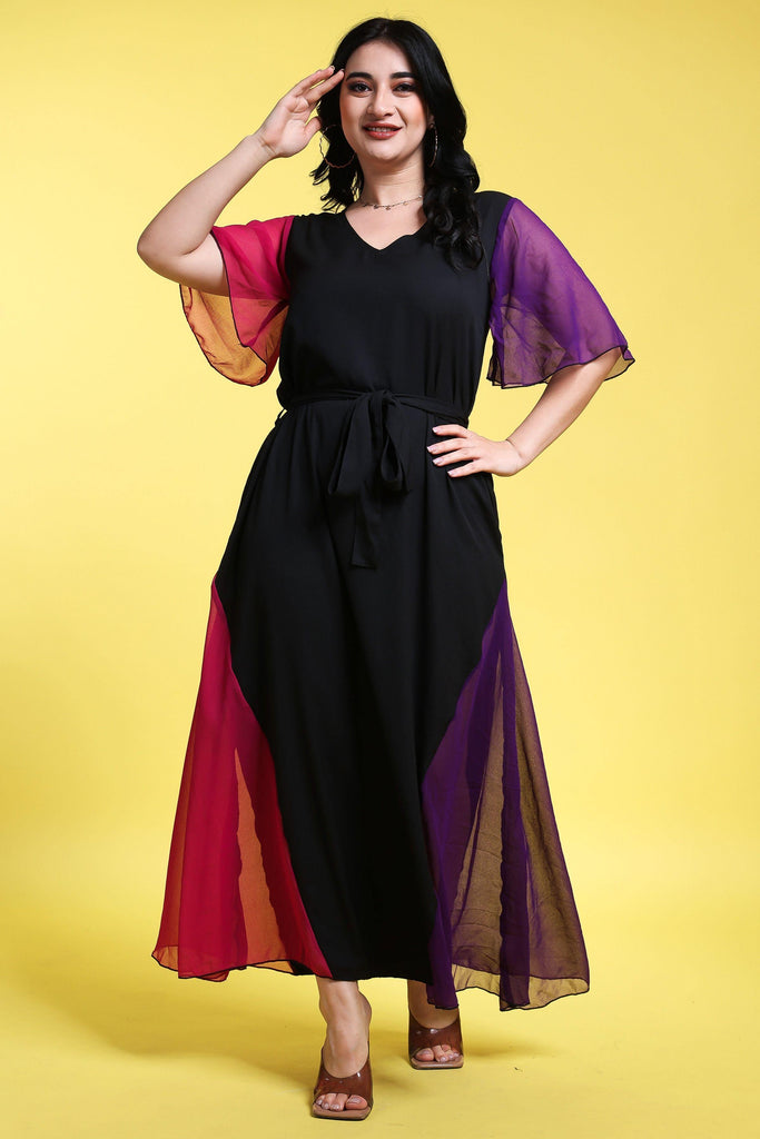 Model wearing Poly Blended Maxi Dress with Pattern type: Solid-1