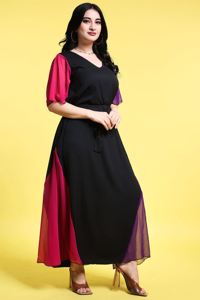 Model wearing Poly Blended Maxi Dress with Pattern type: Solid-2