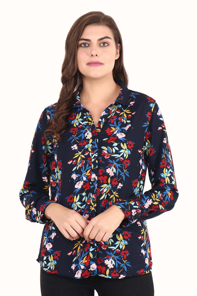 Model wearing Poly Crepe Shirt with Pattern type: Floral-10