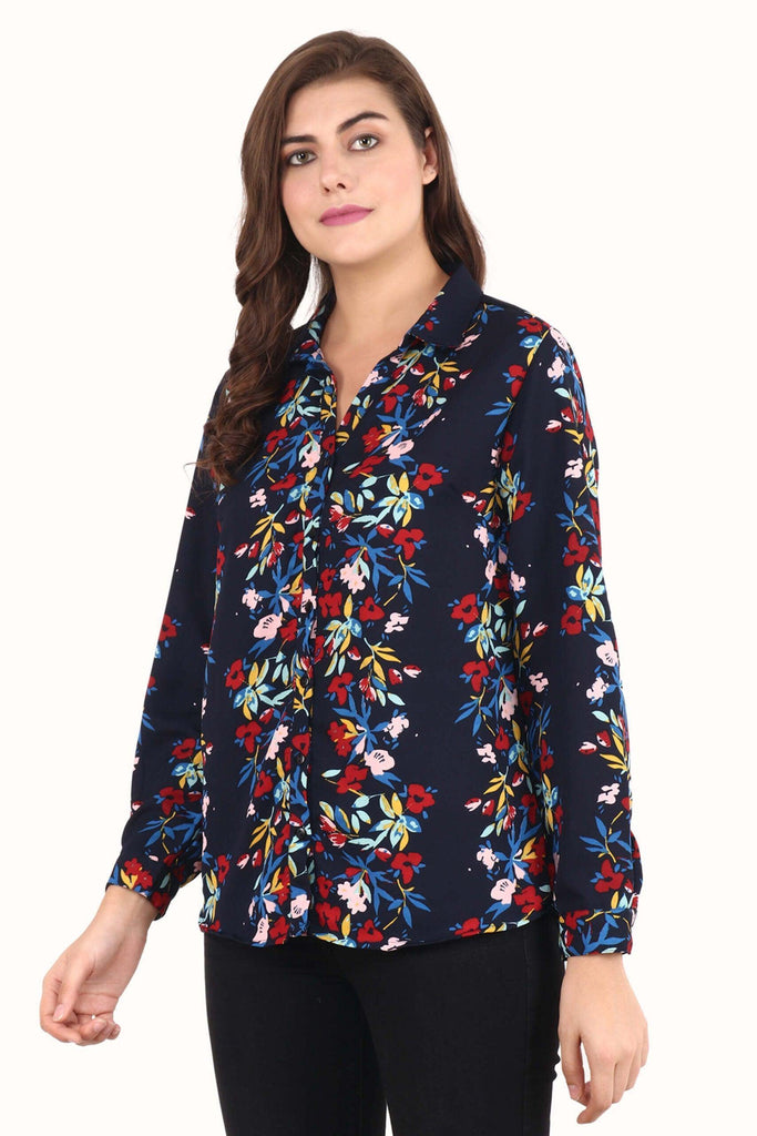 Model wearing Poly Crepe Shirt with Pattern type: Floral-12